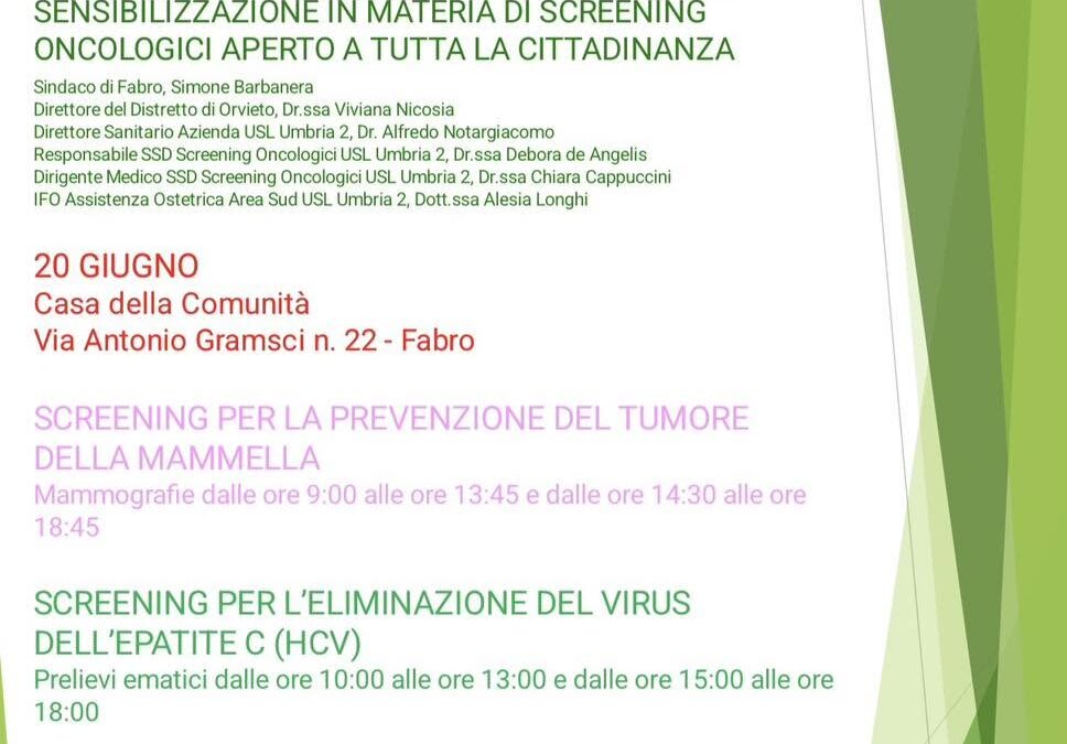 SALUTE E PREVENZIONE PRESSO LA CASA DELLA COMUNITÀ  DI FABRO: SCREENING GRATUITI